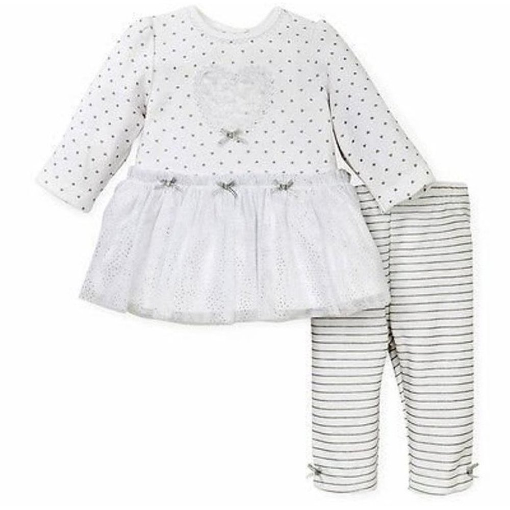 LITTLE ME BABY GIRL 3 MONTHS 2  PC OUTFIT TOP DOTS STRIPE BOWS LEGGINGS COTTON